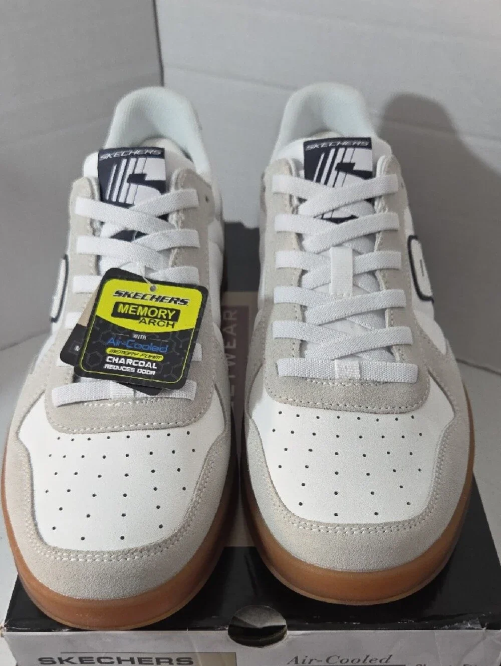 Skechers Sz 11 Men's White, Light Gray & Gum Court-Style Sneakers
